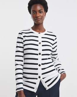 Crew Neck Striped Button Front Cardigan