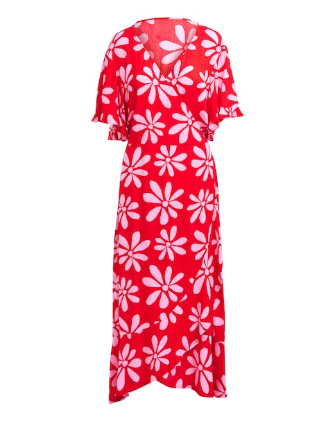 Pink/Red Crinkle Wrap Midi Dress