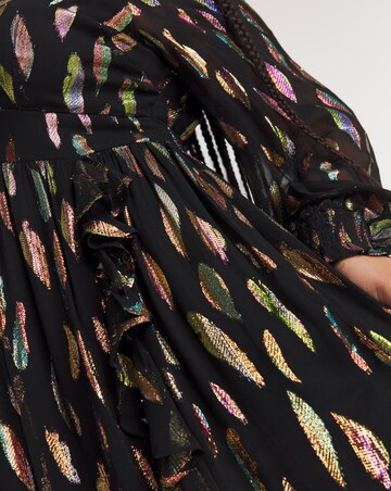 Plunge Neckline Rainbow Foil Jacquard Midi Dress