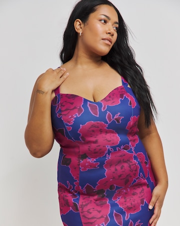 Made In GB Blue Floral Printed Scuba Frilled Hem Midaxi Dress