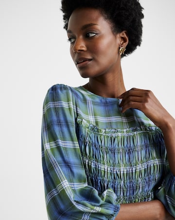 Shirred Round Neck Three Quarter Sleeve Blouse