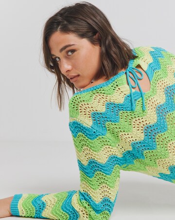 Colourful Crochet Look Wave Stitch Tie Back Knitted Mini Dress