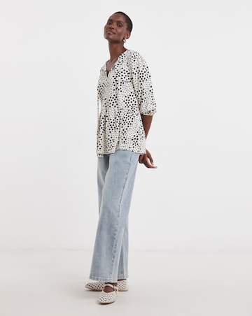 Mono Print Bow Blouson Peplum Top