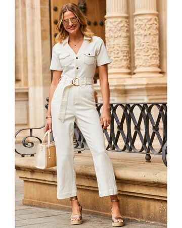Sosandar Ivory D Ring Belt Culotte Denim Jumpsuit