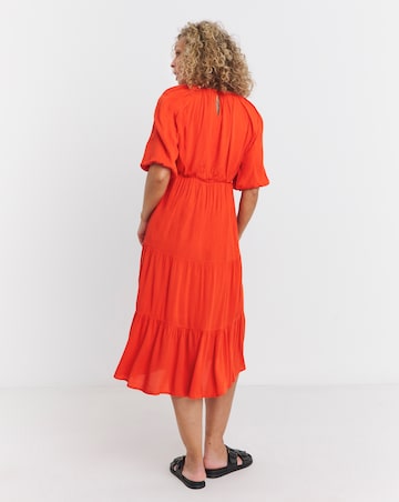 Crinkle Tiered Smock Dress With Puff Sleeves