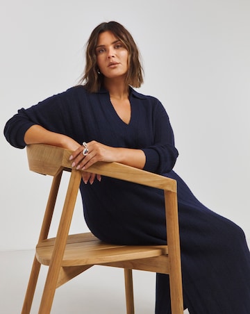 Navy Rib Collar Knitted Midaxi Dress