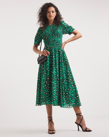 Whistles Painted Leopard Shirred Bodice Midi Dress