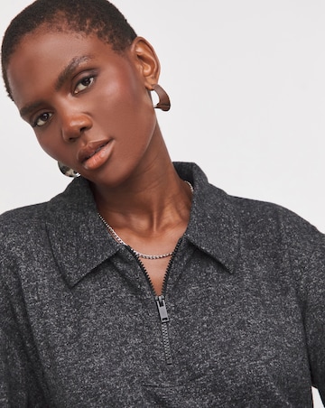Collared Zip Front Long Sleeve Soft Touch Longline Top