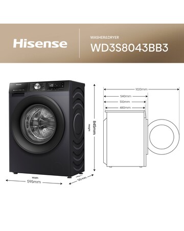 Hisense 3S Series WD3S8043BB3 WiFi-enabled 8kg Washer Dryer - Black