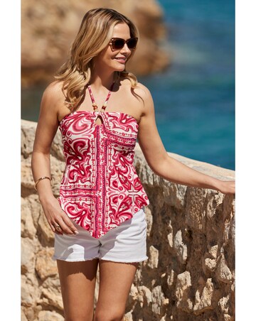 Sosandar Pink Scarf Print Beaded Strap Detail Halter Neck Jersey Top