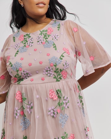 Boutique Pink Floral Embroided Angel Sleeve Maxi Dress