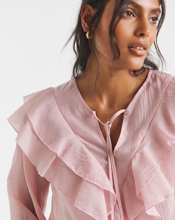 Blush Ruffle Sheer V Neck Blouse with Tie Neck Detailing