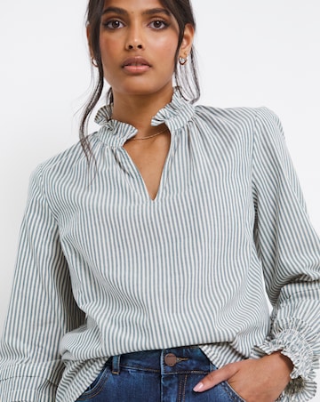Blue Stripe Pleat Three Quarter Sleeve Blouse