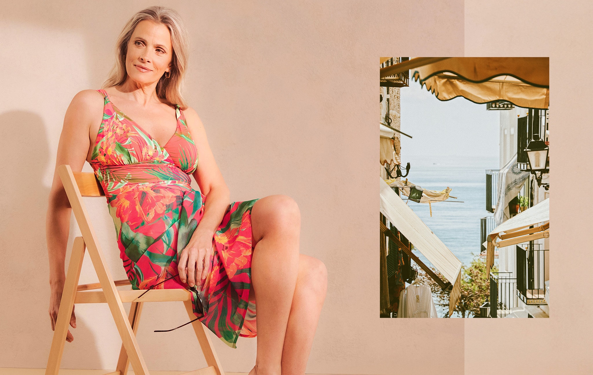 Model sat wearing a floral dress