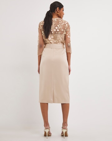 Joanna Hope Latte 3D Lace Scallop Sleeve Satin Midi Dress