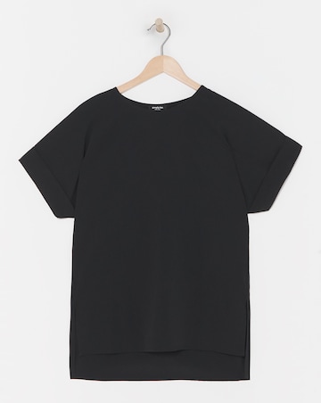 Black Roll Sleeve Dip Back Woven Boxy Blouse