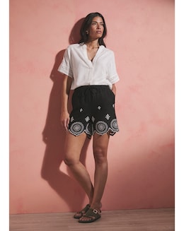 Black Linen Mix Broderie Hem Shorts