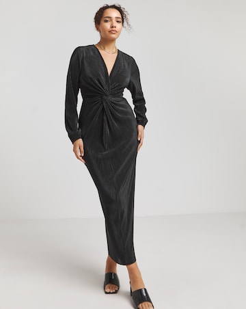 Black Plisse Twist Front Midi Dress