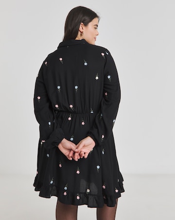 Black Floral Embroidered Shirt Dress