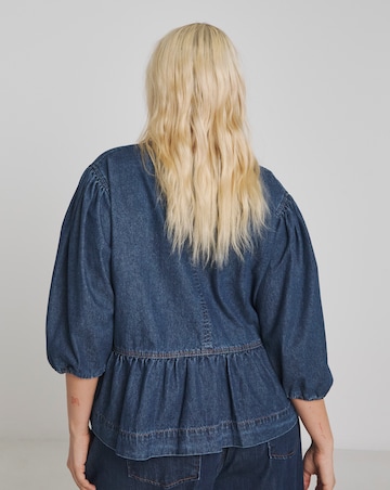 Dark Blue Tie Front Denim Peplum Blouse