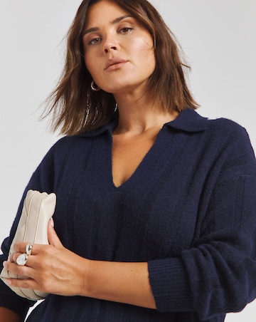 Navy Rib Collar Knitted Midaxi Dress