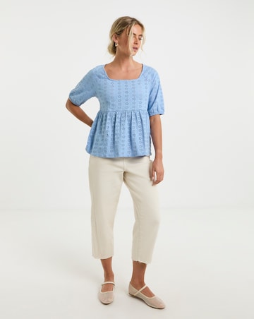 Blue Jersey Broderie Square Neck Top