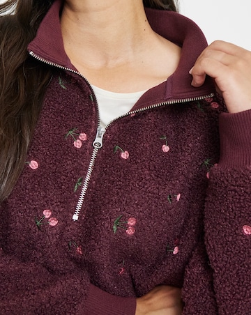 Simply Be Pink & Burgundy Cherries Embroidered Borg Sweatshirt