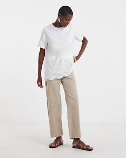 Pure Cotton White Short Sleeve Broderie Hem Top