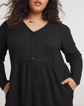 Black Long Sleeve Waffle Button Up Midi Dress With Pockets
