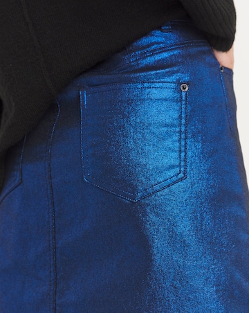 Blue Exposed Button Metallic Mini Skirt