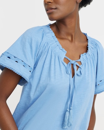Ladder Insert Tie Neck Angel Sleeve Top