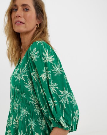 Crinkle V Neck Puff Sleeve Top