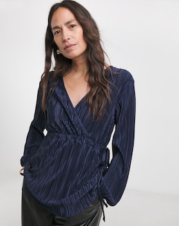 Navy Plisse V Neck Longline Wrap  Top
