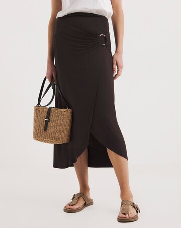 Chocolate Stretch Jersey Ring Detail Mock Wrap Skirt