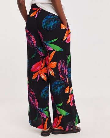 Black Print Crinkle Shirred Waist Wide Leg Trousers