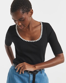 Stitch Neck Half Sleeve Rib Top