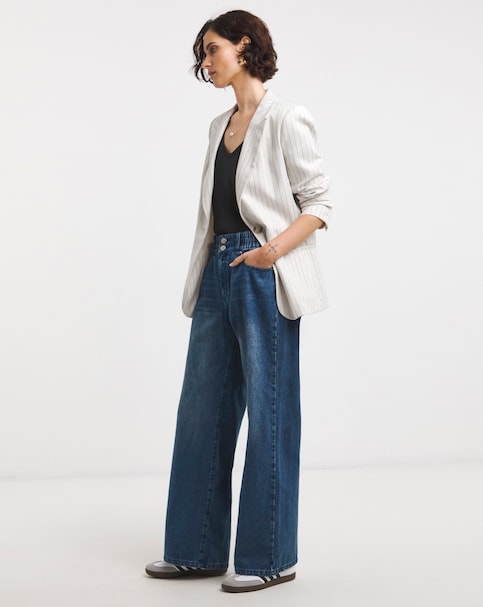 Mid Blue Elasticated Waist Wide Leg Jean