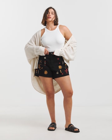 Simply Be Black Boho Embroidered Denim Short