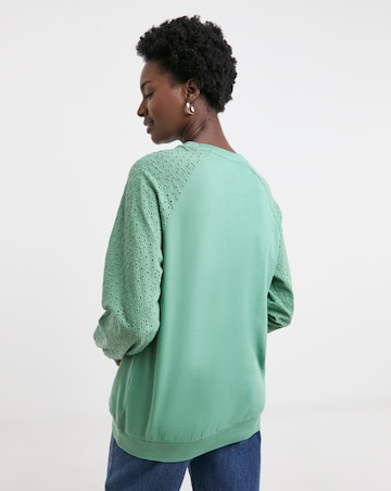 Pure Cotton Teal Broderie Sleeve Frill Detail Sweat
