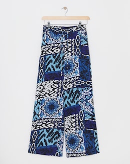 Blue Printed Spun Viscose Pull On Wide Leg Trousers