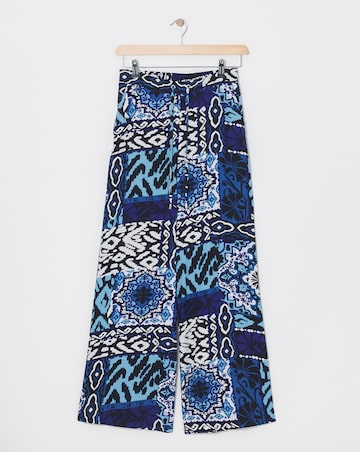 Blue Printed Spun Viscose Pull On Wide Leg Trousers
