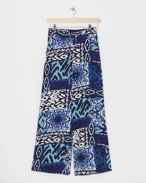 Blue Printed Spun Viscose Pull On Wide Leg Trousers