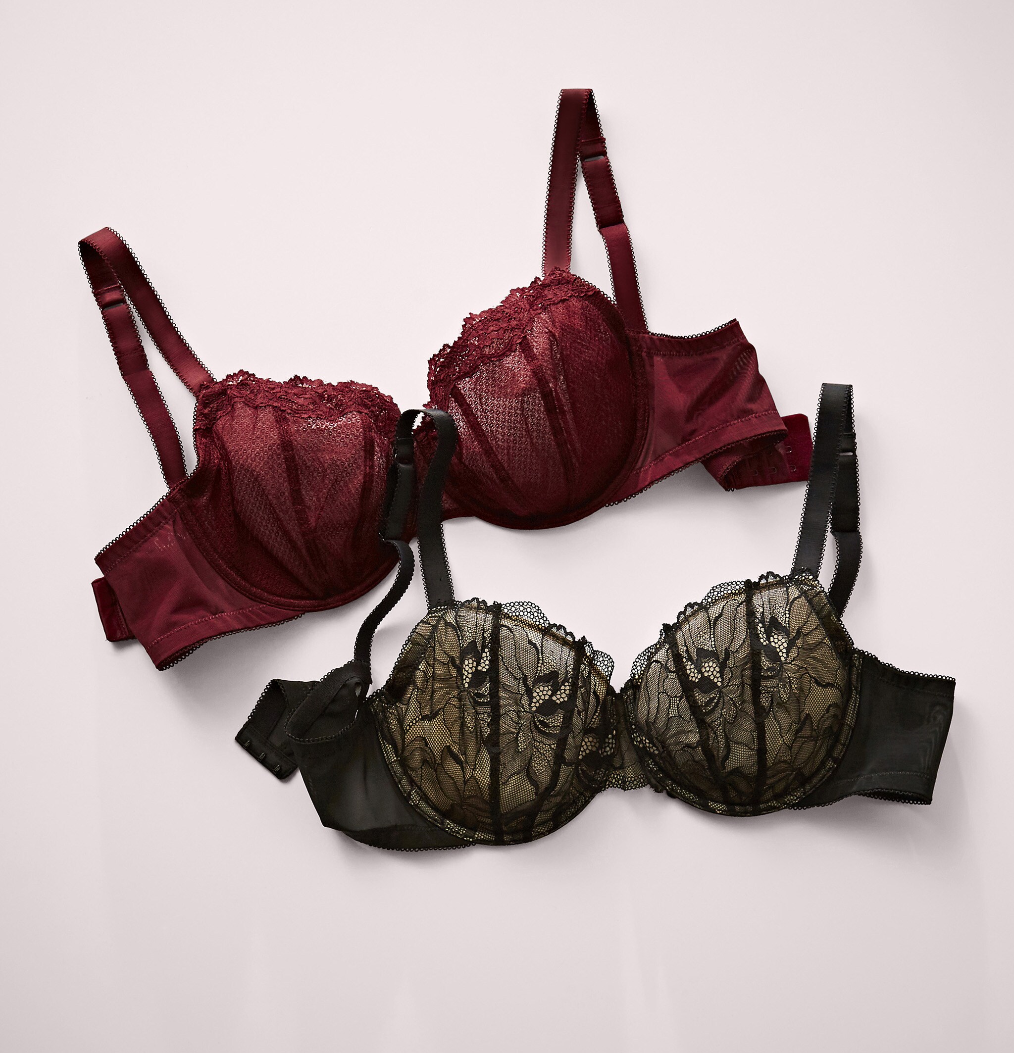 Maroon and black bras