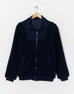 Navy Borg Rib Collar Zip Up Jacket