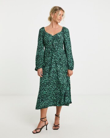 Green Animal Print Corset Detail Midi Dress