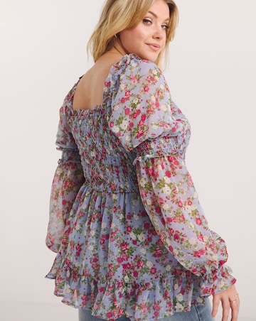 Floral Print Shirred Square Neck Peplum Blouse with Sleeve Detail