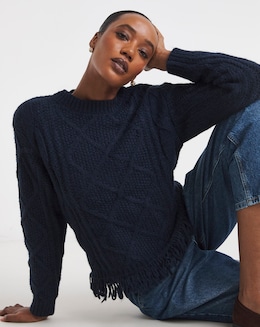 Cobalt Crew Neck Fringe Hem Jumper