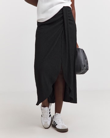 Black Crinkle Pull On Jersey Midi Wrap Skirt
