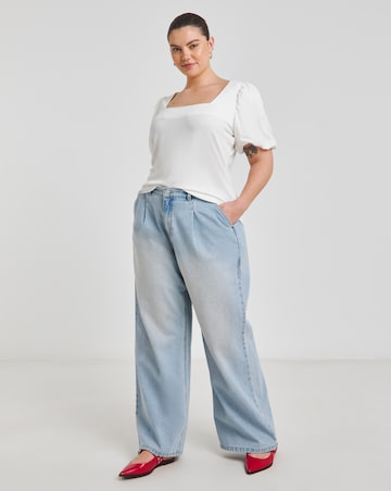 Simply Be White Puff Sleeve Rib T-Shirt