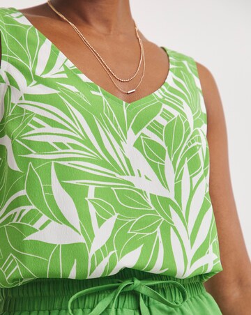 Green Print V Neck Woven Vest